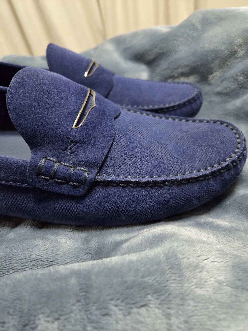 Louis Vuitton Men’s Navy Suede Penny Loafers - Picture 2 of 4